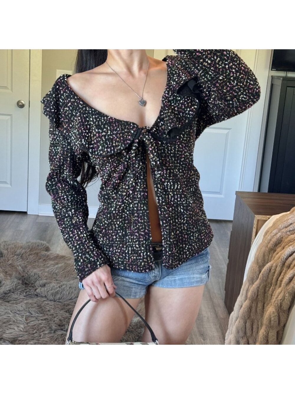 Y2K Ruffle Cardigan Women PL Feminine Grunge Fairy Whimsigoth Babydoll Tie Front